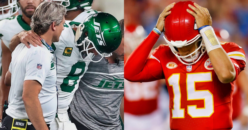 Aaron Rodgers carried off and Patrick Mahomes holding head.