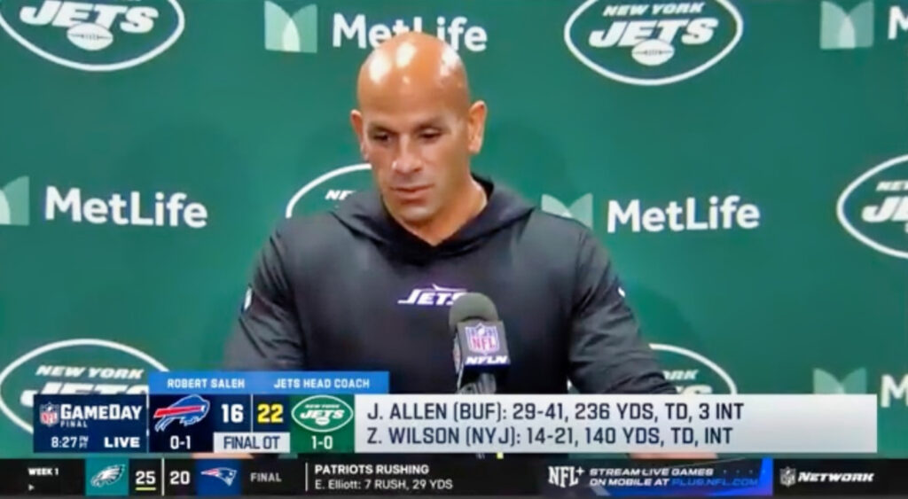 New York Jets' head coach Robert Saleh speaking to media.