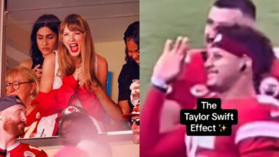 Taylor Swift smiling. Patrick Mahomes waving