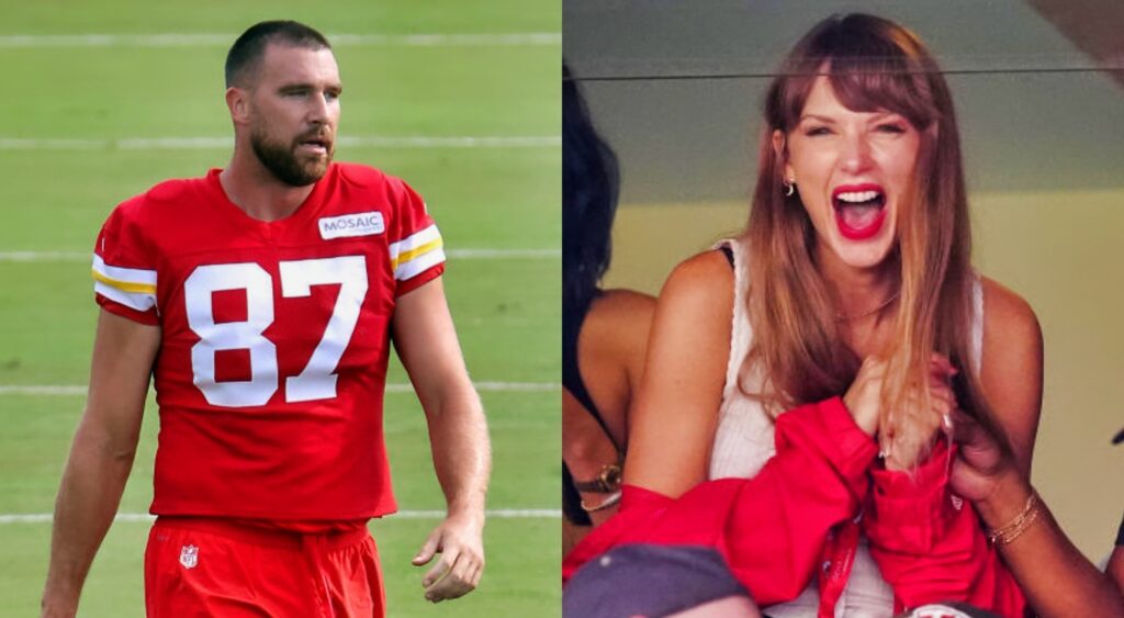 Travis Kelce in uniform while Taylor Swift is smiling