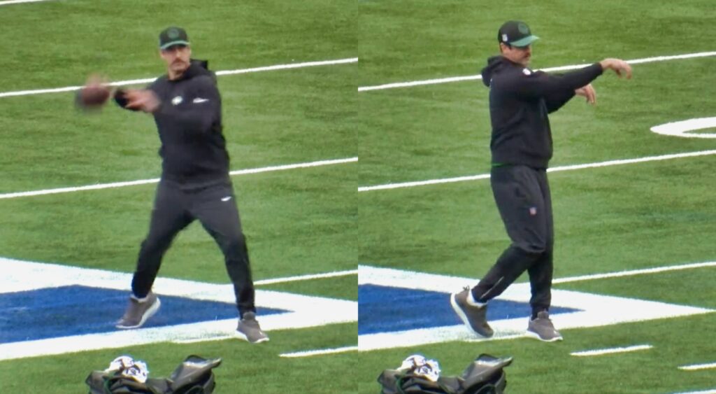Aaron Rodgers throwing the football during pregame warmups.