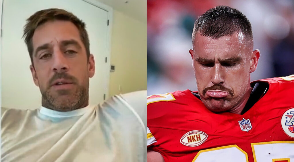 Photo of Aaron Rodgers speaking and photo pf travis Kelce pouting