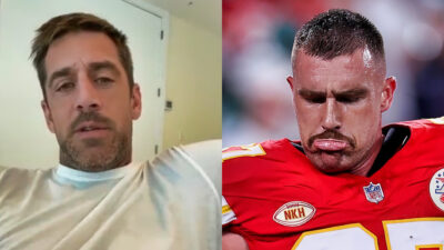 Photo of Aaron Rodgers speaking and photo pf travis Kelce pouting