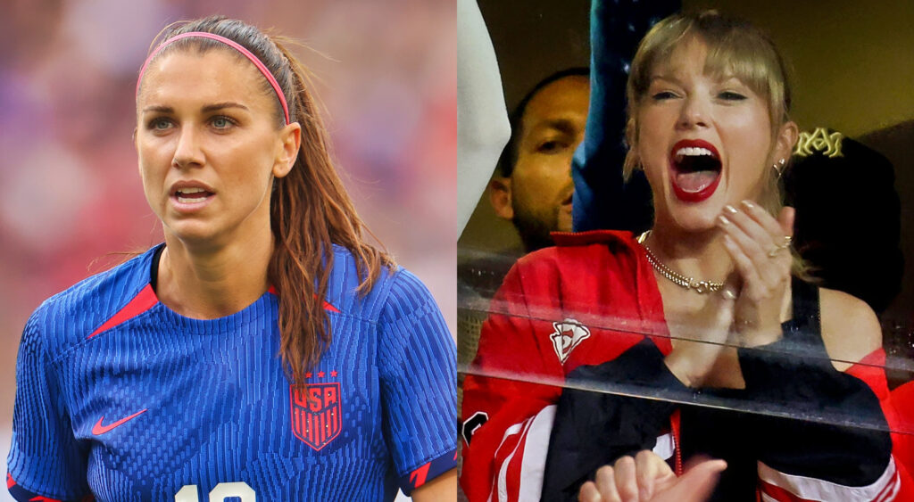 Photo of Alex Morgan in USA jersey and photo of Taylor Swift cheering
