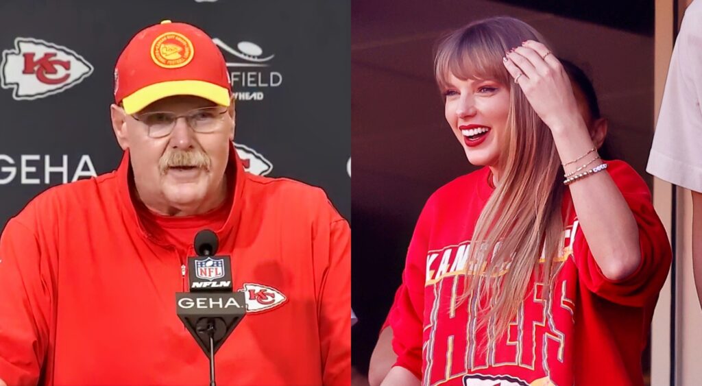 Andy Reid at a press conference and Taylor Swift at a Chiefs game.