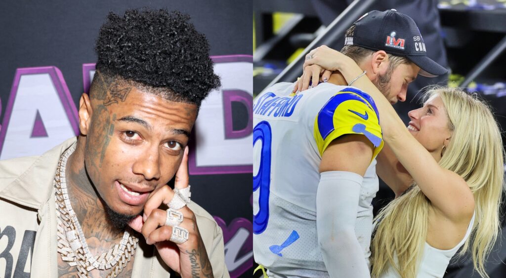 Blueface posing and Kelly Stafford kissing her husband Matthew.