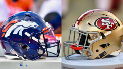 Photos of Denver Broncos and San Francisco 49ers helmets