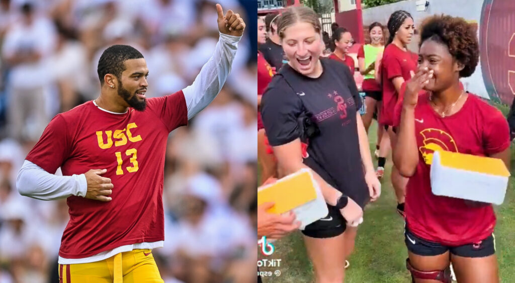 Photo of Caleb Williams holding thumbs up and photo of USC soccer players receiving headphones