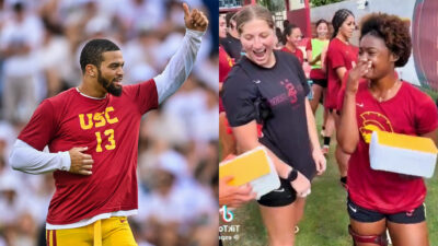 Photo of Caleb Williams holding thumbs up and photo of USC soccer players receiving headphones