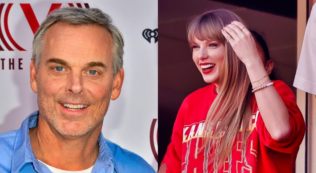 Colin Cowherd smiling (left). Taylor Swift looking on at Chiefs game (right).
