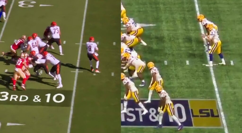 Joe Burrow looking to pass for Bengals (left). Burrow behind center waiting for snap (right).