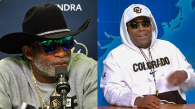 Photo of Deion Sanders speakign into mic and photo of Kenan Thompson doing a Deion Saders impression on Saturday Night Life