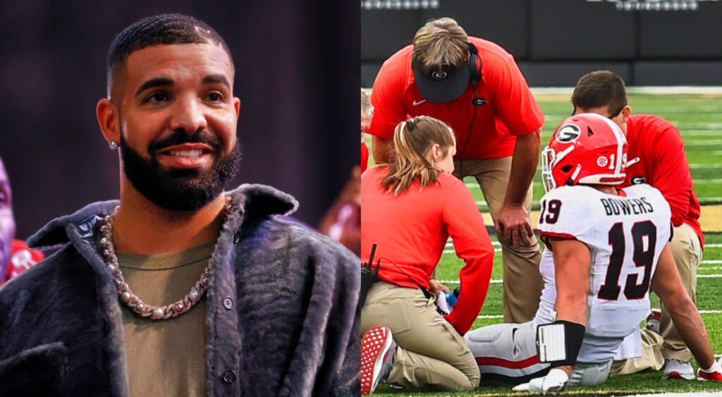 Photo of Drake smiling and photo of Georgia staff tending to Brock Bowers following an injury