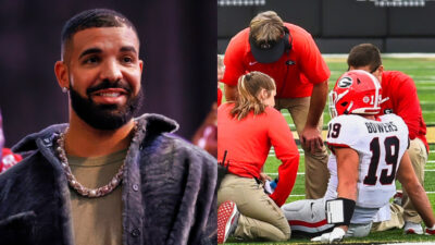 Photo of Drake smiling and photo of Georgia staff tending to Brock Bowers following an injury