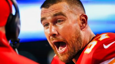 Travis Kelce on sidelines with mouth open
