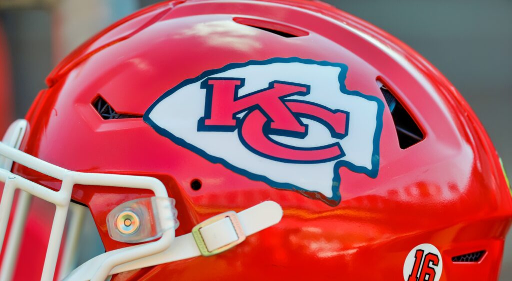 Closeup of the logo on a Chiefs helmet.