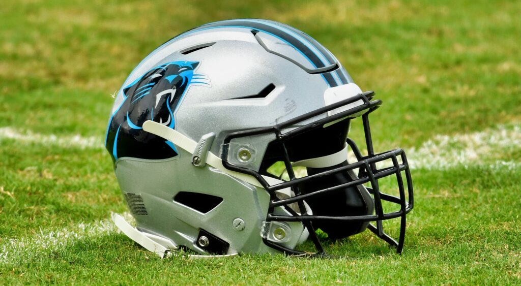 Carolina Panthers helmet shown on field.
