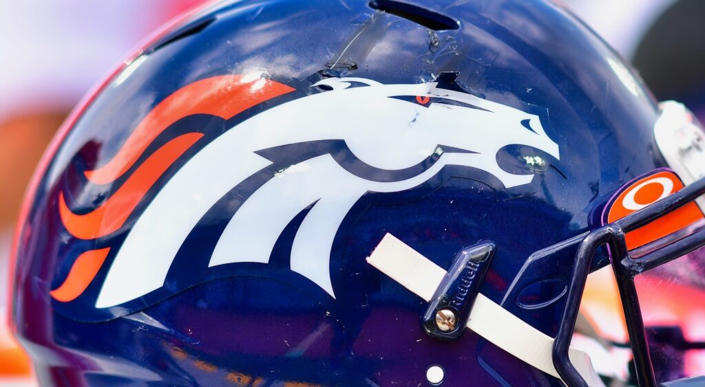 Close-up of the Broncos' logo on a helmet.