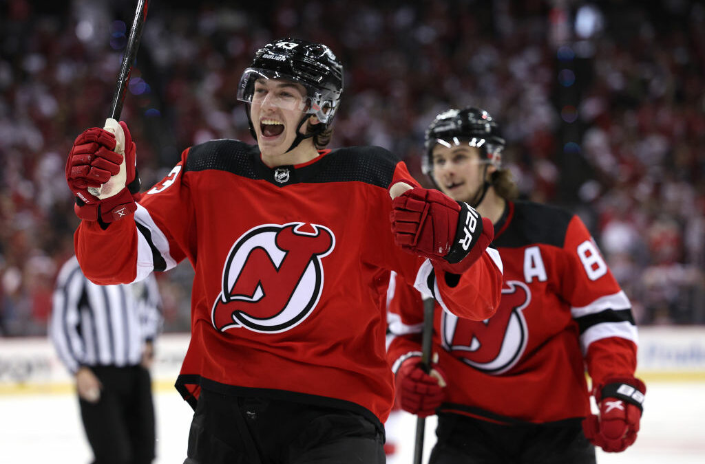 Jack Hughes of the New Jersey Devils reacts after scoring a goal News  Photo - Getty Images