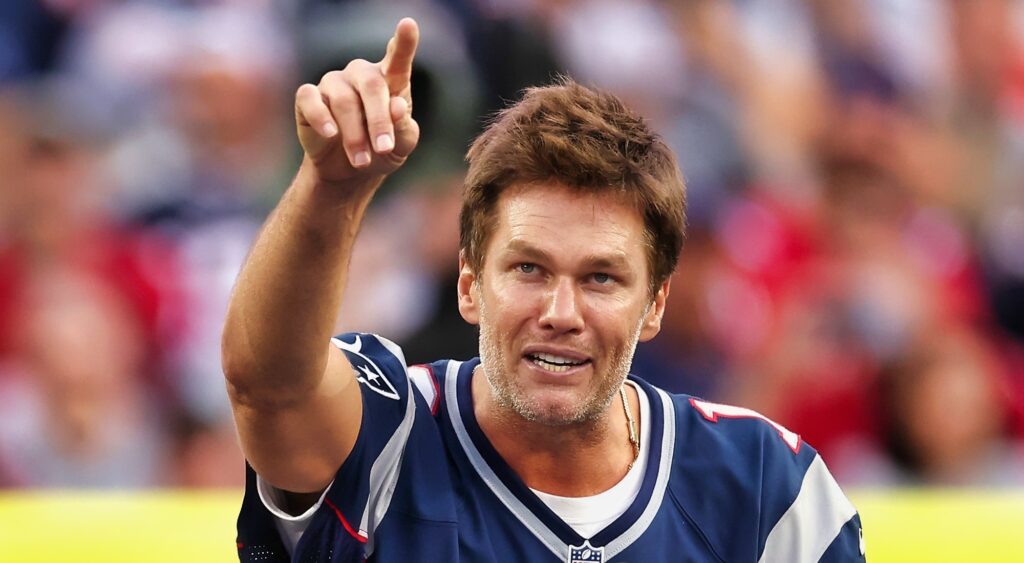 Tom Brady pointing during his ceremony.