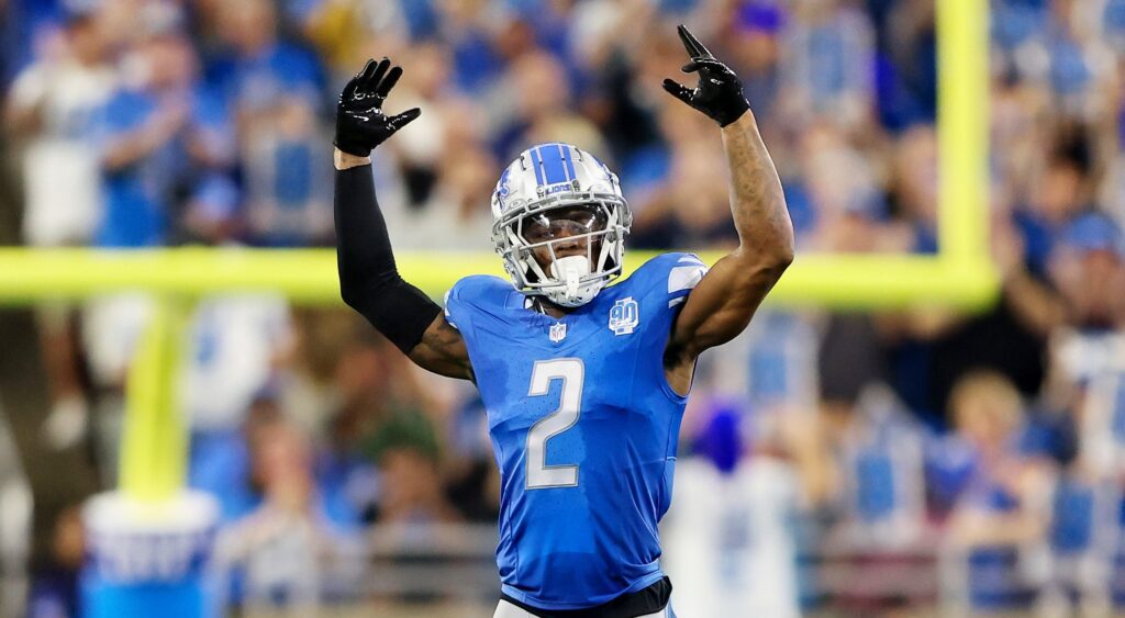 C.J. Gardner-Johnson of Detroit Lions reacts with arms up during game.