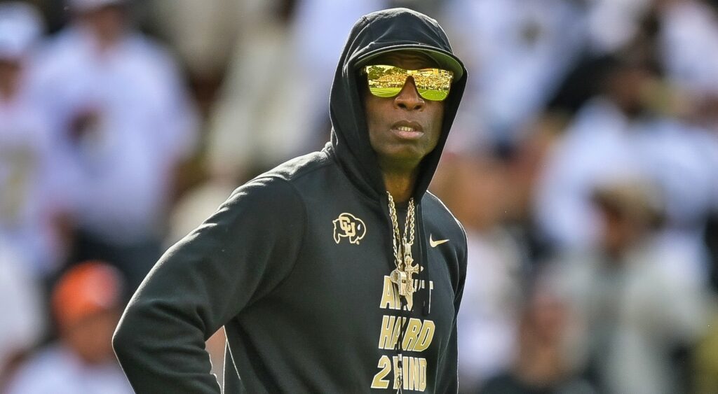 Deion Sanders looks on during a Colorado Buffaloes game.