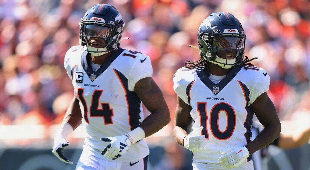 Courtland Sutton (left) and Jerry Jeudy (right) of Denver Broncos looking on.