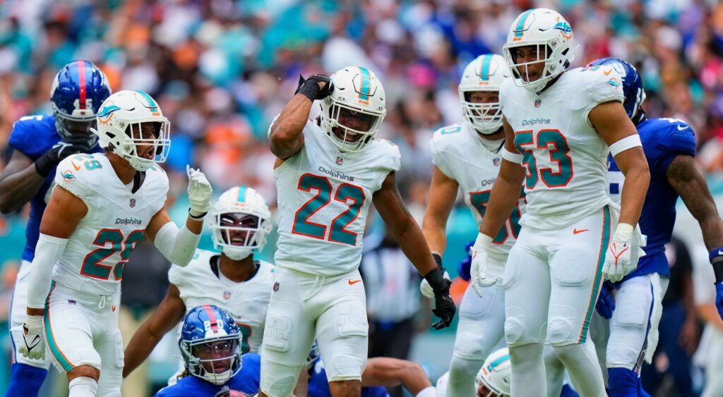 Miami Dolphins' players celebrating a play.