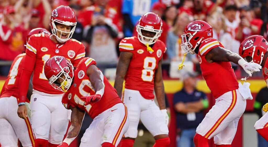 Kansas City Chiefs players celebrating a touchdown.