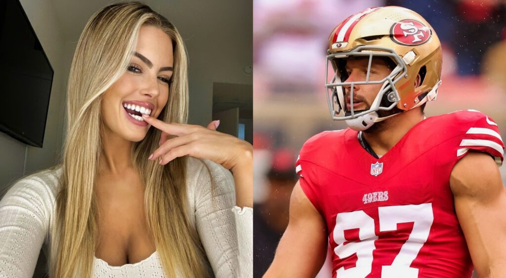 Photo of Jenna Bosa with a finger in her mouth and photo of Nick Bosa in 49ers gear