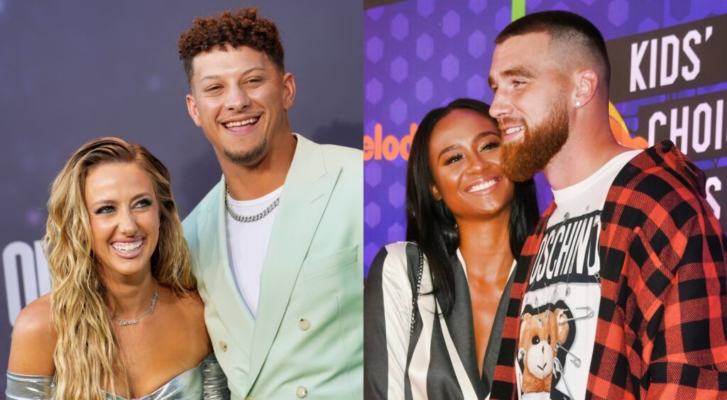Split photo of Patrick & Brittany Mahomes on the red carpet, and Kayla Nicole with Travis Kelce on the red carpet.