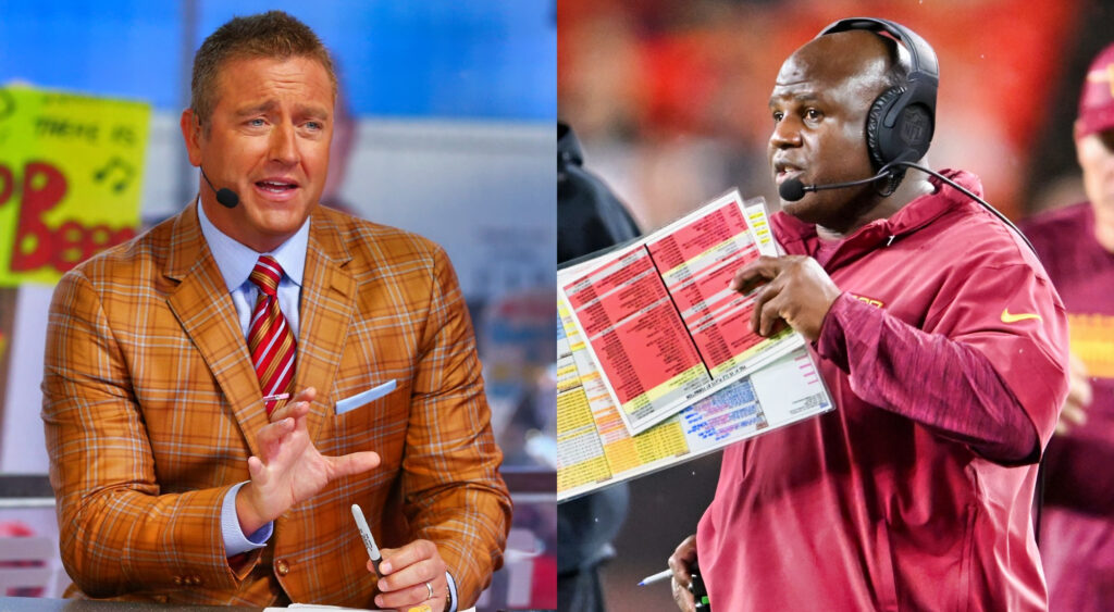 Photo of Kirk Heibstreit in orange suit and photo of Eric Bieniemy holding sheets