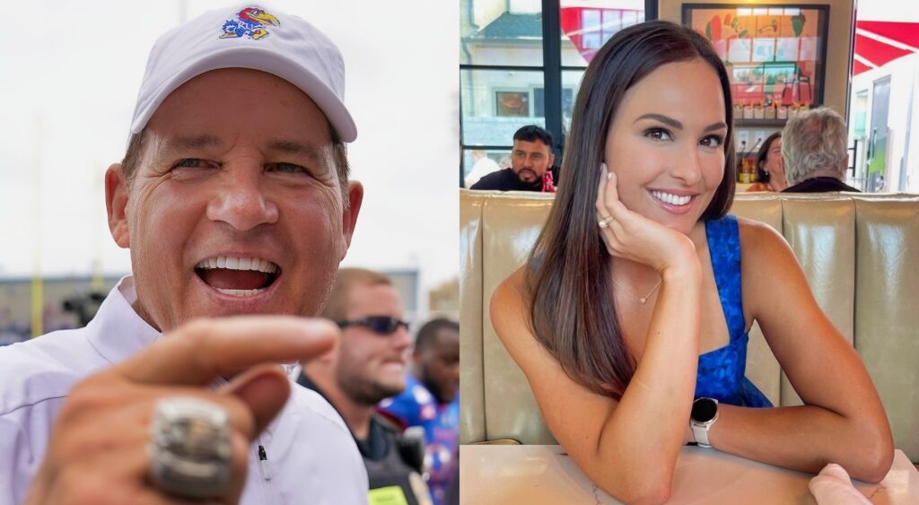 Split photo of Les Miles pointing and Smacker Miles posing while sitting at a table.