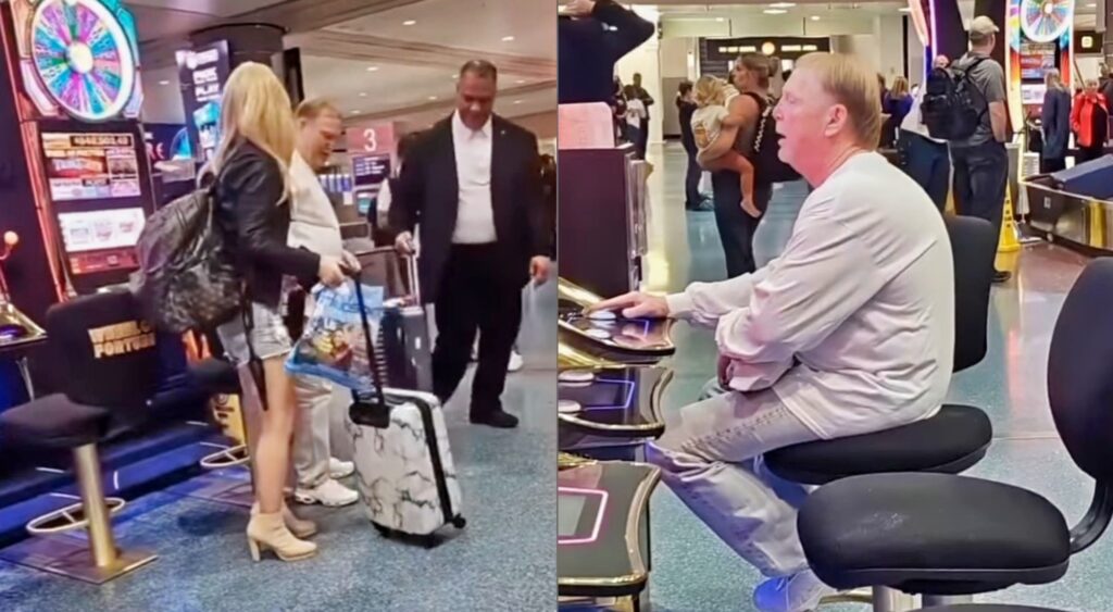 Split photo of Mark Davis at the airport with his girlfriend and Davis playing airport slots.