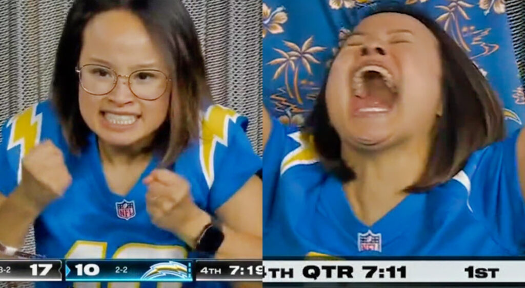 Photos of Merrianne Do celebrating during Chargers game