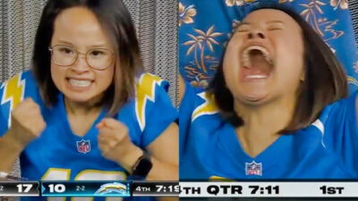 Photos of Merrianne Do celebrating during Chargers game