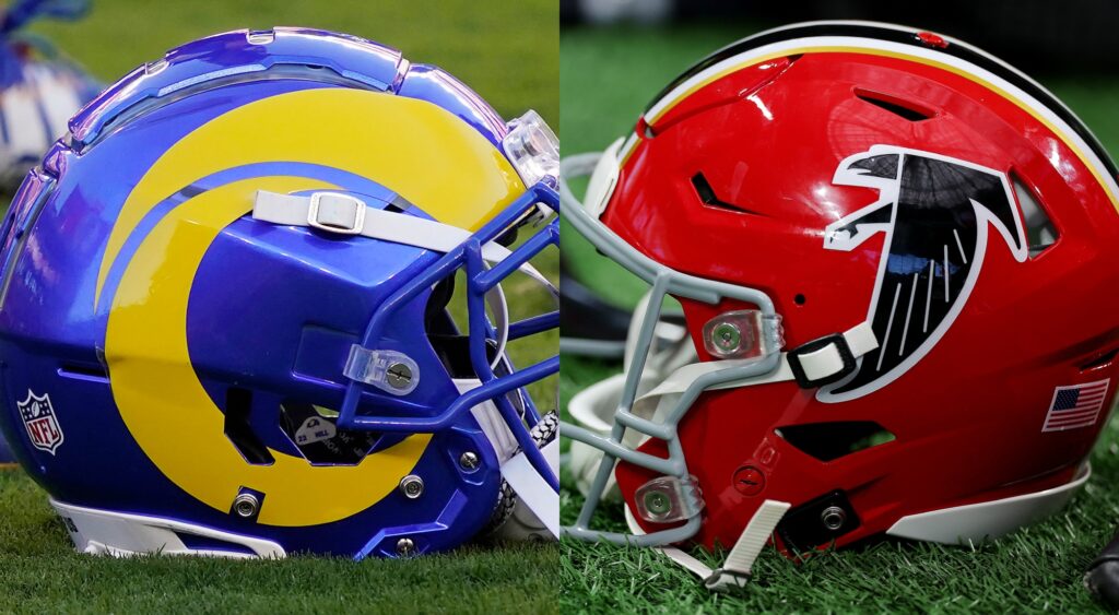 Split photo of Rams and Falcons helmets.