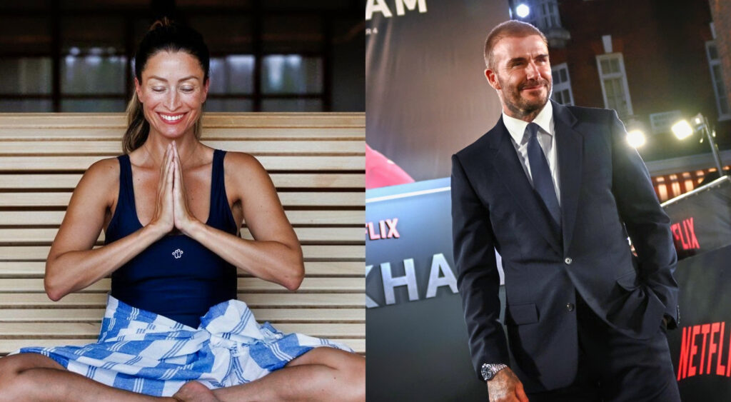 Photo of Rebecca Loos in yoga pose and photo of Devid Beckham smiling