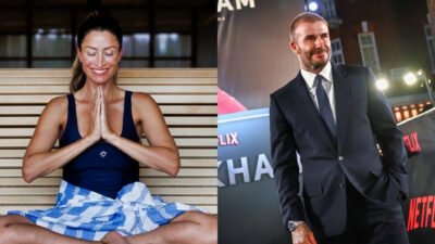 Photo of Rebecca Loos in yoga pose and photo of Devid Beckham smiling