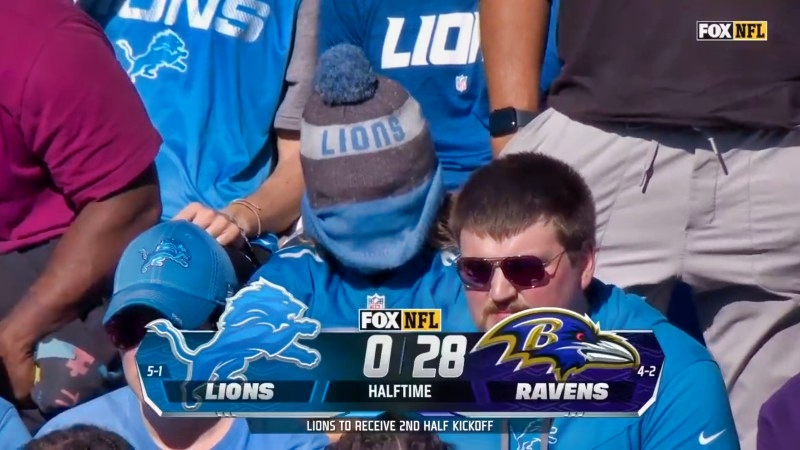 Detroit Lions fan hiding face during game.