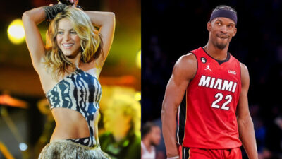 Photo of Shakira dancing and photo of Jimmy butler smiling