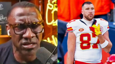 Photo of Shannon Sharpe speaking into a mic and photo of Travis Kelce in Chiefs gear