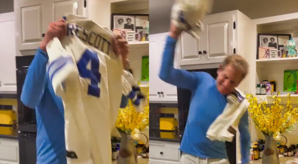 Photo of Skip Bayless holding up Dak Prescott Jersey and photo of Skip Bayless throwing Dak Prescott jersey into trash can