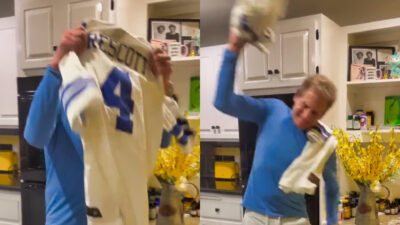 Photo of Skip Bayless holding up Dak Prescott Jersey and photo of Skip Bayless throwing Dak Prescott jersey into trash can