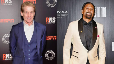 Photos of Skip Bayless and Jalen Rose posing in suits