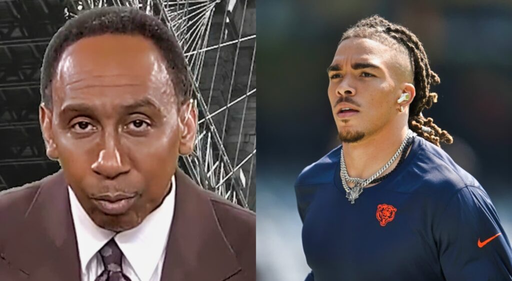 Stephen A. Smith in brown suit. Chase Claypool in Bears shirt