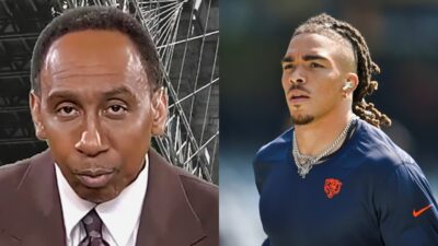 Stephen A. Smith in brown suit. Chase Claypool in Bears shirt