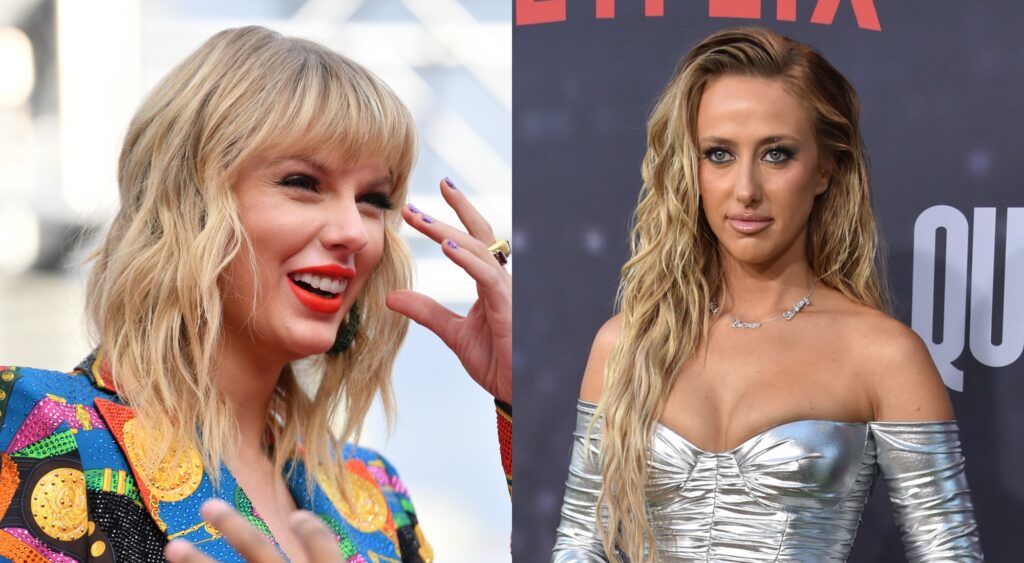 Split photo of Taylor Swift and Brittany Mahomes
