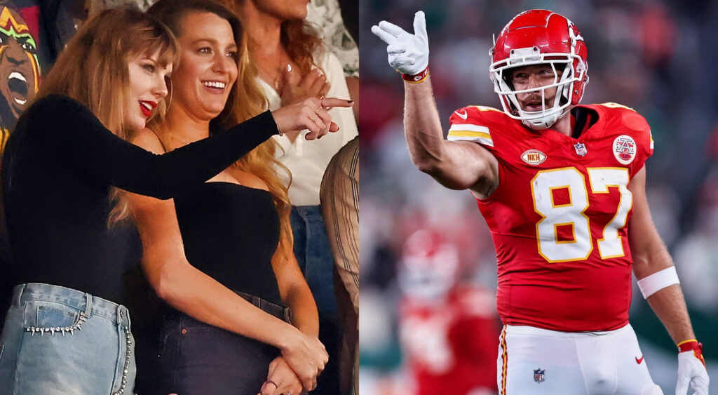 Photos of Taylor Swift and Travis Kelce pointing