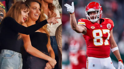 Photos of Taylor Swift and Travis Kelce pointing